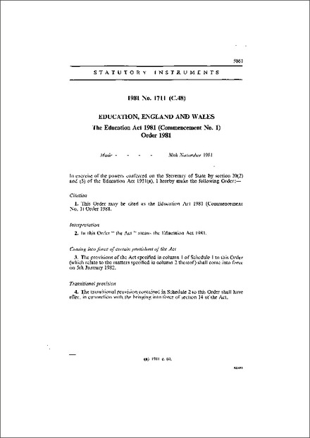 The Education Act 1981 (Commencement No. 1) Order 1981