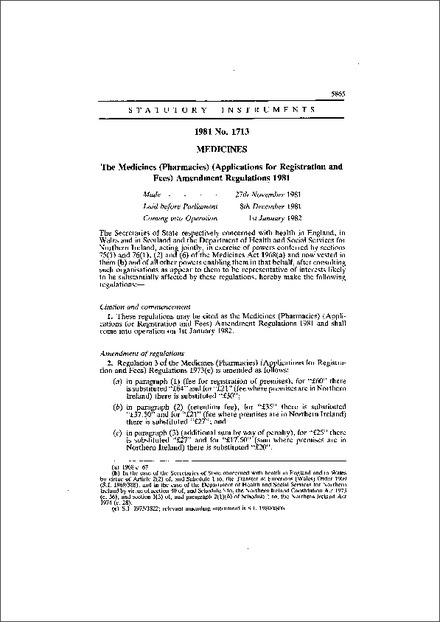 The Medicines (Pharmacies) (Applications for Registration and Fees) Amendment Regulations 1981