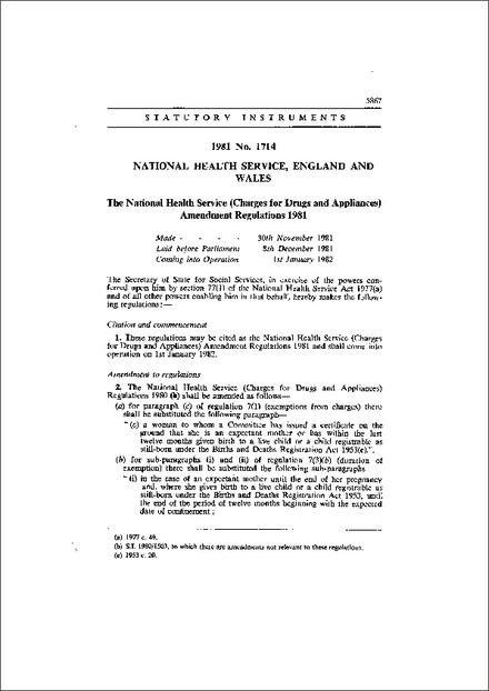 The National Health Service (Charges for Drugs and Appliances) Amendment Regulations 1981