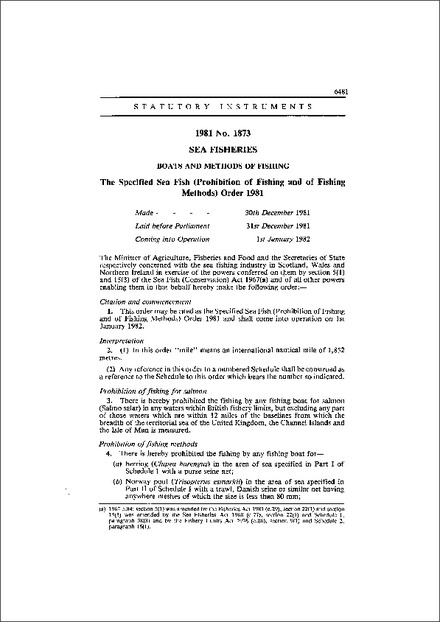 The Specified Sea Fish (Prohibition of Fishing and of Fishing Methods) Order 1981