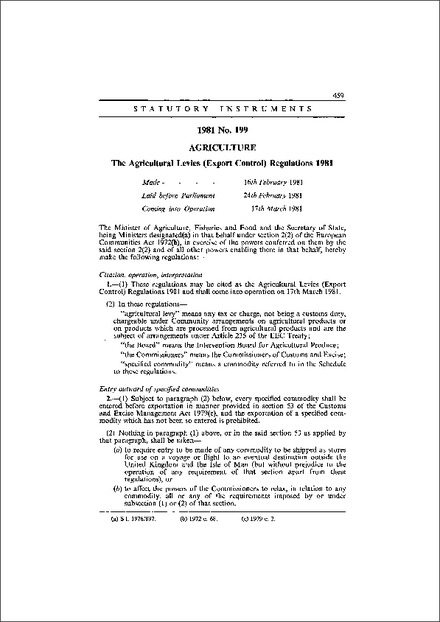 The Agricultural Levies (Export Control) Regulations 1981