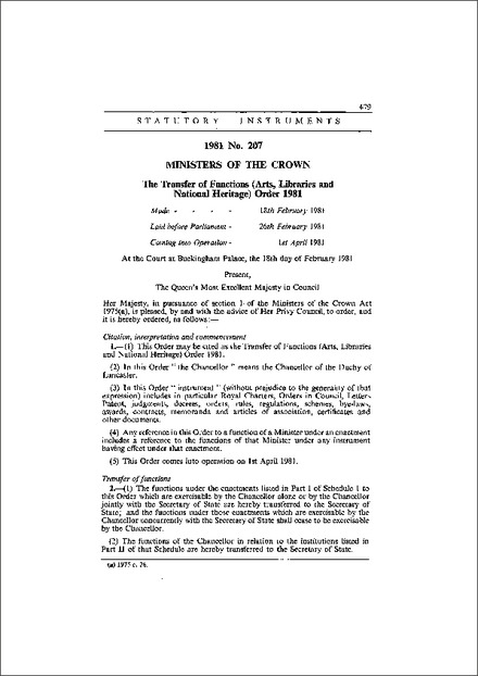 The Transfer of Functions (Arts, Libraries and National Heritage) Order 1981