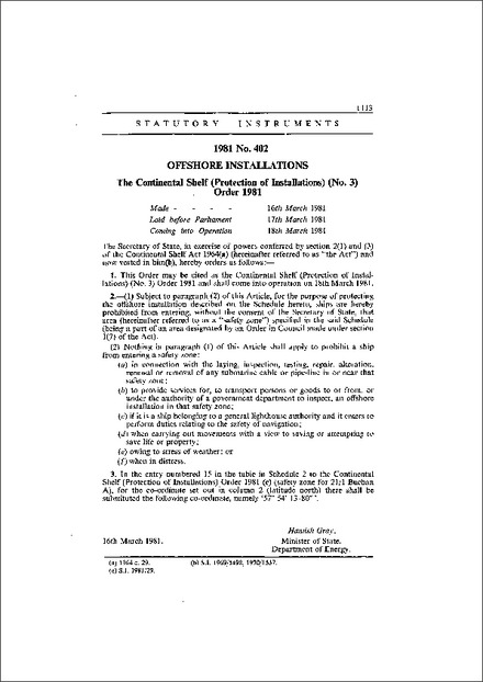 The Continental Shelf (Protection of Installations) (No. 3) Order 1981