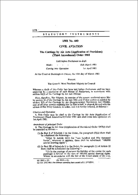The Carriage by Air Acts (Application of Provisions) (Third Amendment) Order 1981