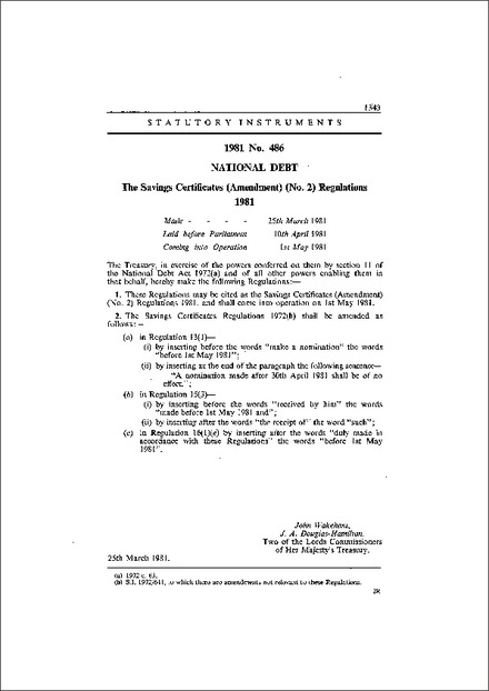 The Savings Certificates (Amendment) (No. 2) Regulations 1981