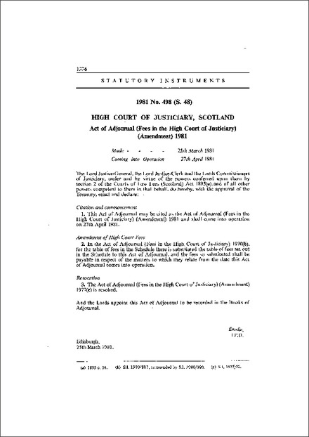 Act of Adjournal (Fees in the High Court of Justiciary) (Amendment) 1981