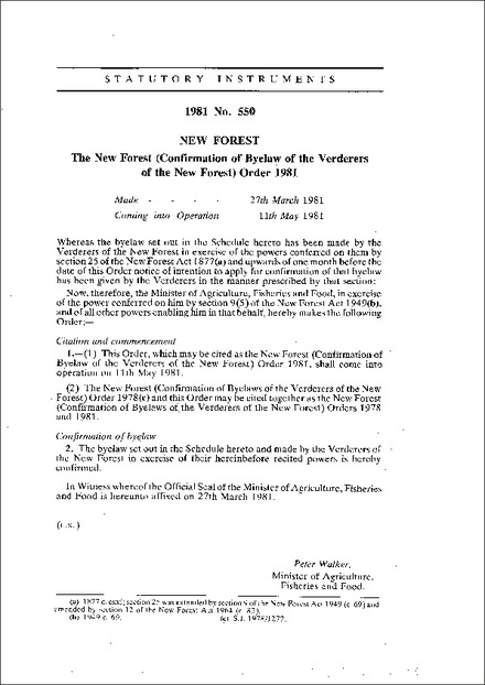 The New Forest (Confirmation of Byelaw of the Verderers of the New Forest) Order 1981