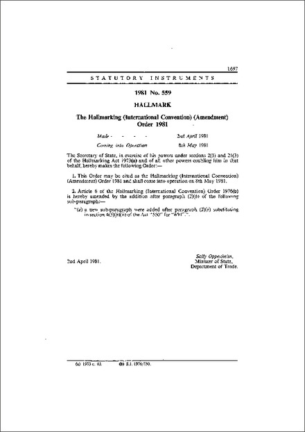 The Hallmarking (International Convention) (Amendment) Order 1981