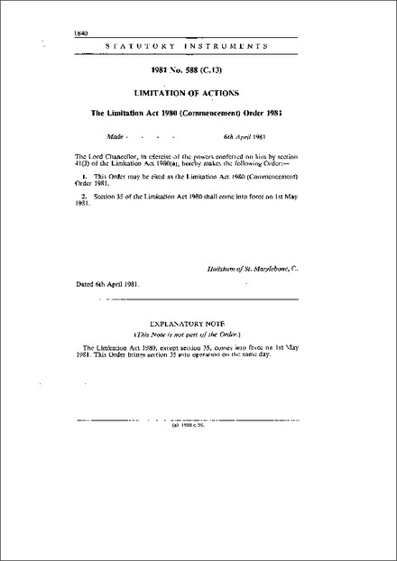The Limitation Act 1980 (Commencement) Order 1981