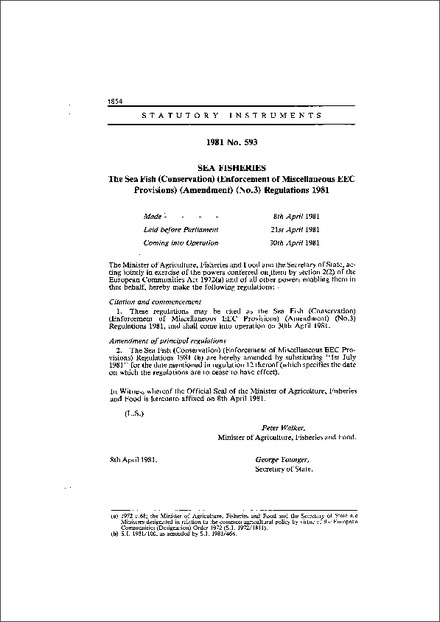 The Sea Fish (Conservation) (Enforcement of Miscellaneous EEC Provisions) (Amendment) (No.3) Regulations 1981