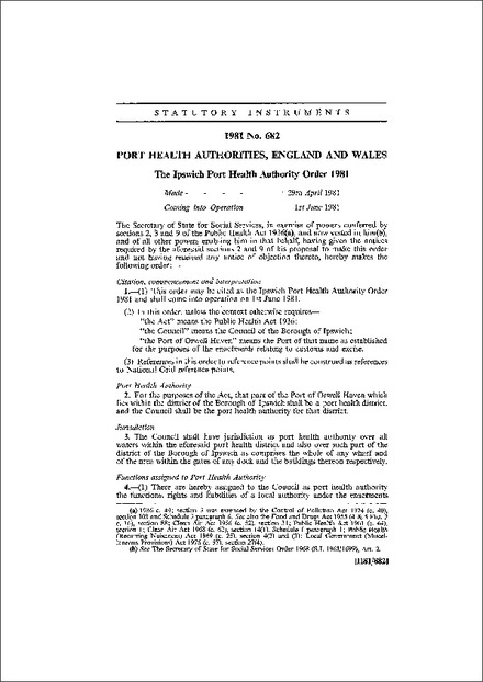 The Ipswich Port Health Authority Order 1981