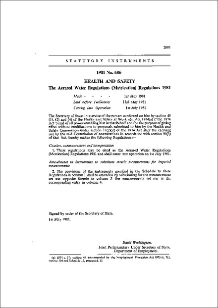 The Aerated Water Regulations (Metrication) Regulations 1981