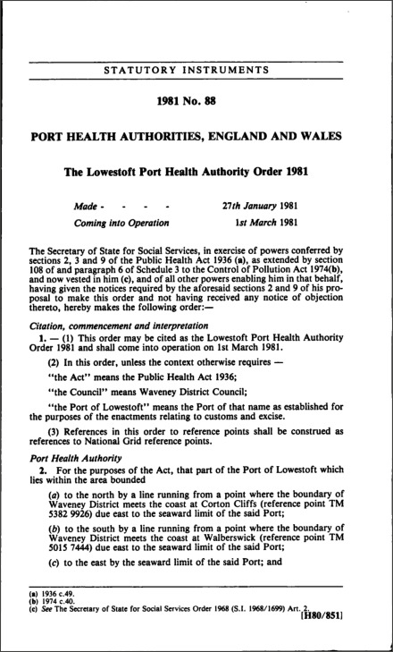 The Lowestoft Port Health Authority Order 1981