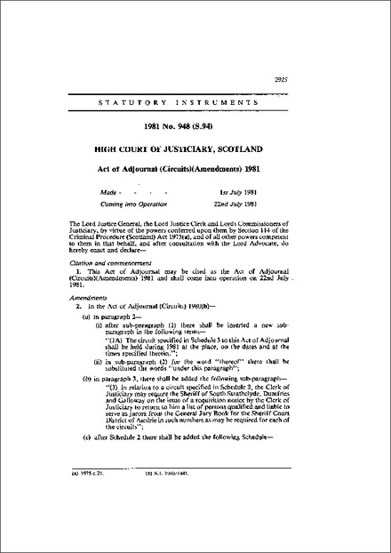 Act of Adjournal (Circuits)(Amendments) 1981