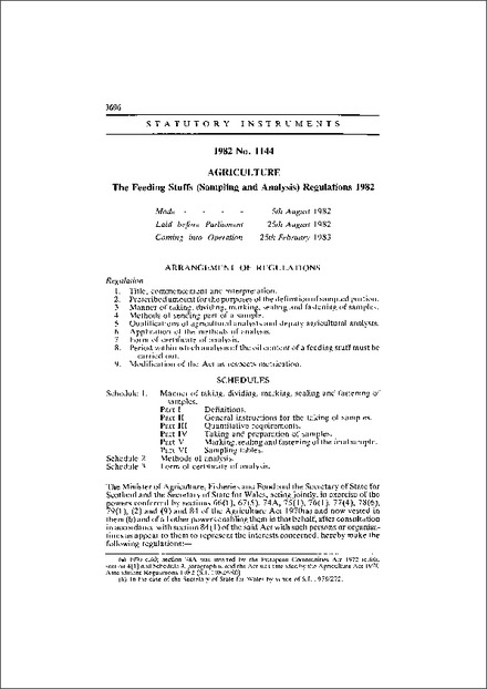 The Feeding Stuffs (Sampling and Analysis) Regulations 1982