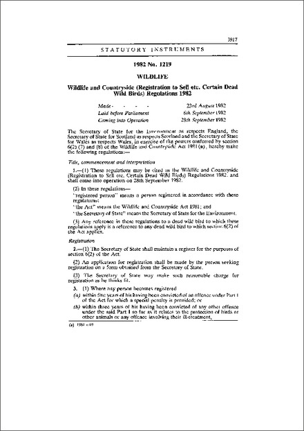 Wildlife and Countryside (Registration to Sell etc. Certain Dead Wild Birds) Regulations 1982