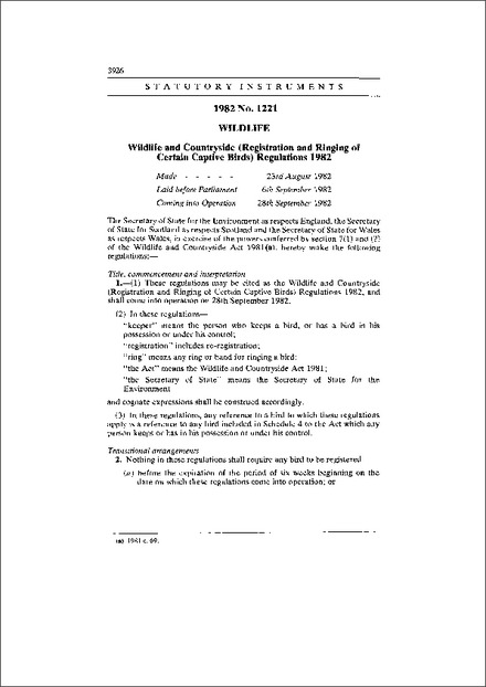 Wildlife and Countryside (Registration and Ringing of Certain Captive Birds) Regulations 1982