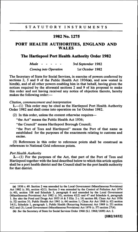 The Hartlepool Port Health Authority Order 1982