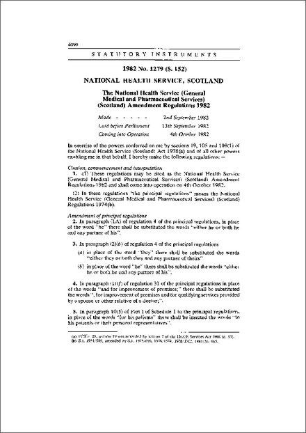 The National Health Service (General Medical and Pharmaceutical Services) (Scotland) Amendment Regulations 1982