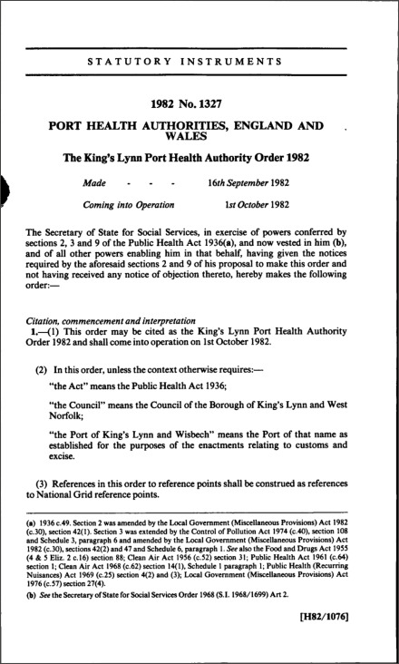 The King’s Lynn Port Health Authority Order 1982
