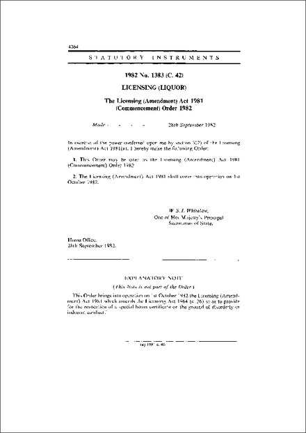 The Licensing (Amendment) Act 1981 (Commencement) Order 1982
