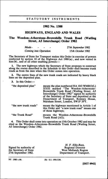 The Weedon-Atherstone-Brownhills Trunk Road (Watling Street, AS Interchange) Order 1982