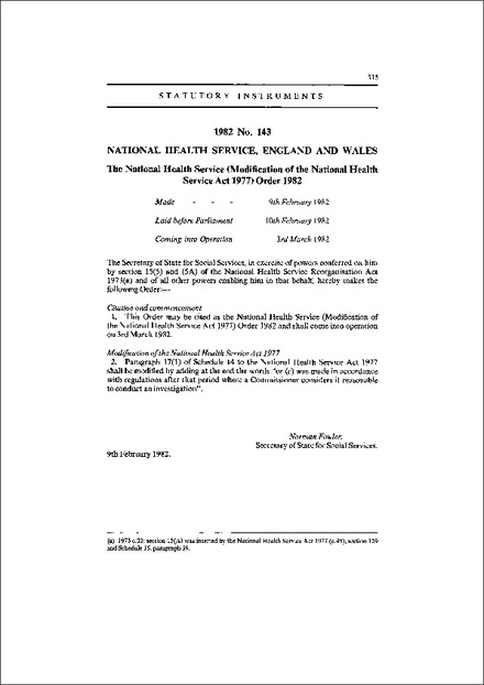 The National Health Service (Modification of the National Health Service Act 1977) Order 1982