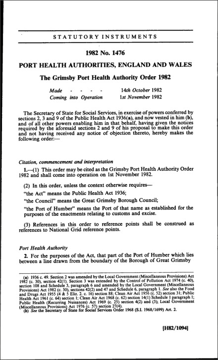 The Grimsby Port Health Authority Order 1982