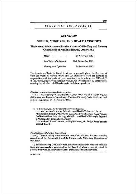 The Nurses, Midwives and Health Visitors (Midwifery and Finance Committees of National Boards) Order 1982