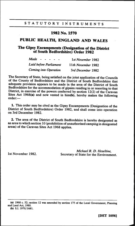 The Gipsy Encampments (Designation of the District of South Bedfordshire) Order 1982