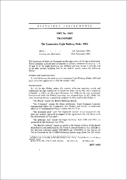 The Launceston Light Railway Order 1982