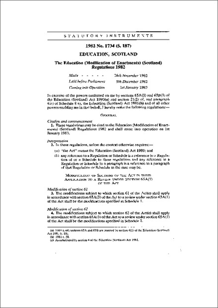 The Education (Modification of Enactments) (Scotland) Regulations 1982