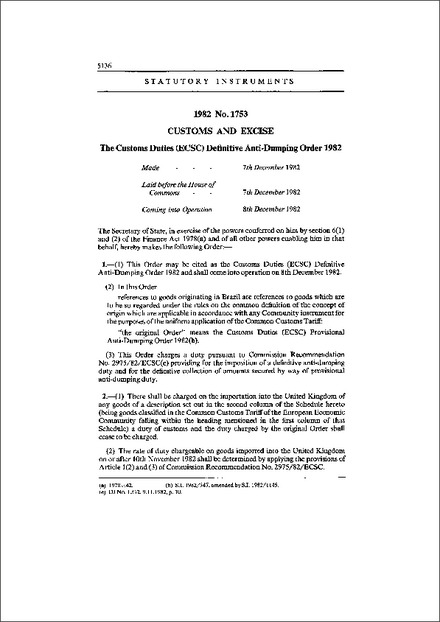 The Customs Duties (ECSC) Definitive Anti-Dumping Order 1982
