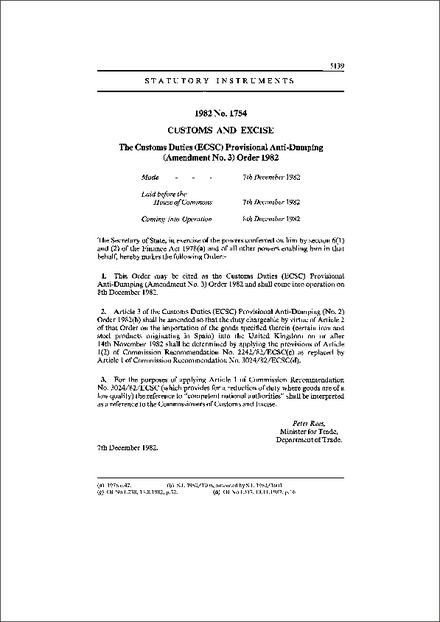 The Customs Duties (ECSC) Provisional Anti-Dumping (Amendment No. 3) Order 1982