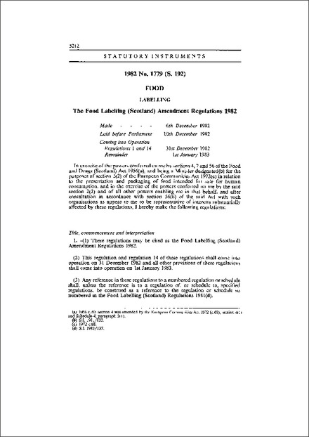 The Food Labelling (Scotland) Amendment Regulations 1982