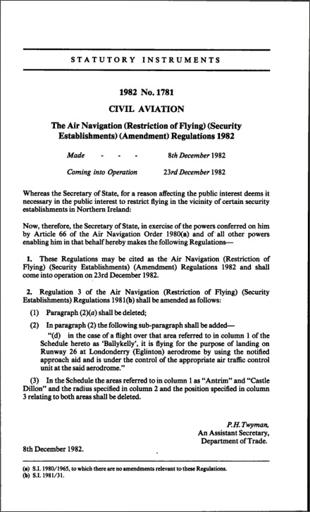 The Air Navigation (Restriction of Flying) (Security Establishments) (Amendment) Regulations 1982