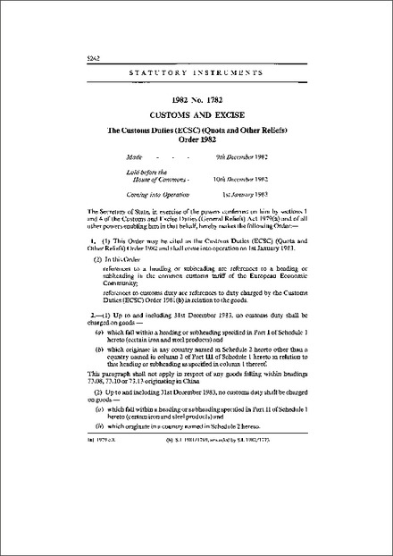 The Customs Duties (ECSC) (Quota and Other Reliefs) Order 1982