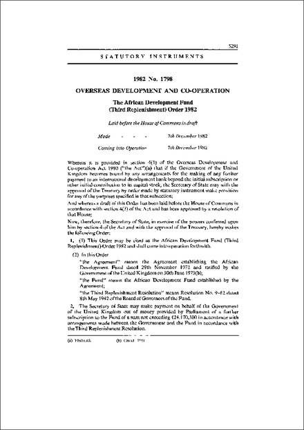The African Development Fund (Third Replenishment) Order 1982