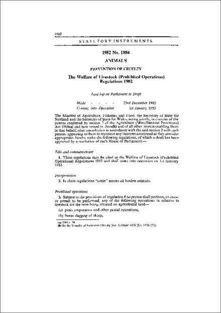 The Welfare of Livestock (Prohibited Operations) Regulations 1982