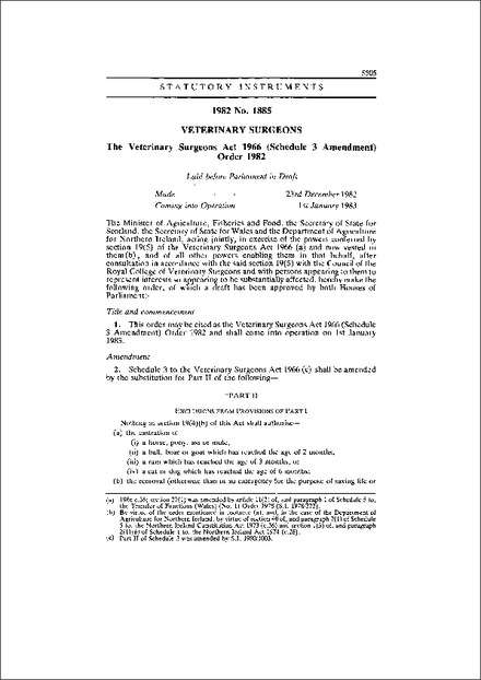 The Veterinary Surgeons Act 1966 (Schedule 3 Amendment) Order 1982