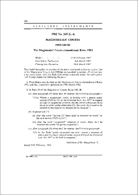 The Magistrates' Courts (Amendment) Rules 1982