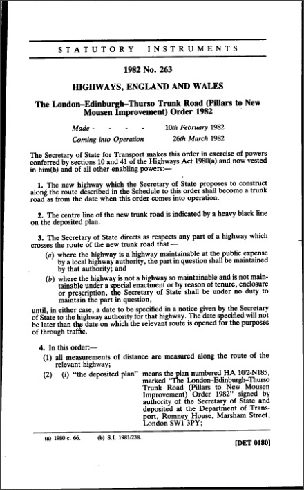 The London-Edinburgh-Thurso Trunk Road (Pillars to New Mousen Improvement) Order 1982
