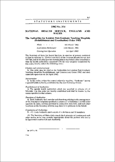 The Authorities for London Post-Graduate Teaching Hospitals (Establishment and Constitution) Order 1982