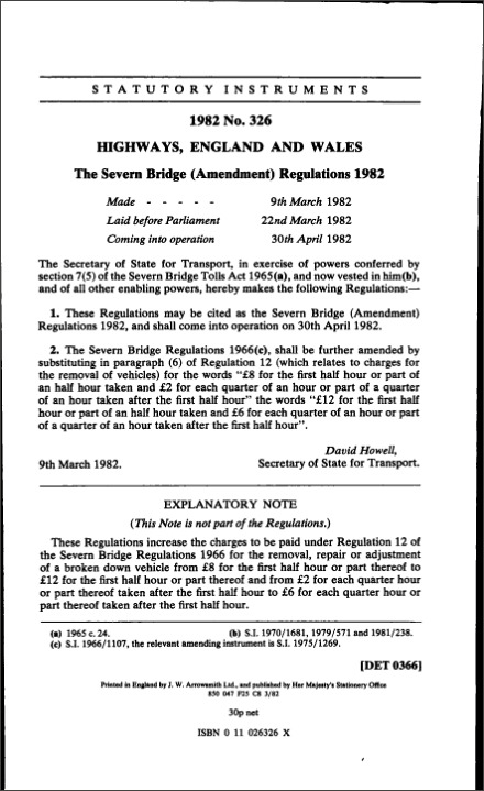 The Severn Bridge (Amendment) Regulations 1982