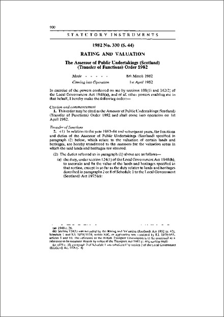 The Assessor of Public Undertakings (Scotland) (Transfer of Functions) Order 1982