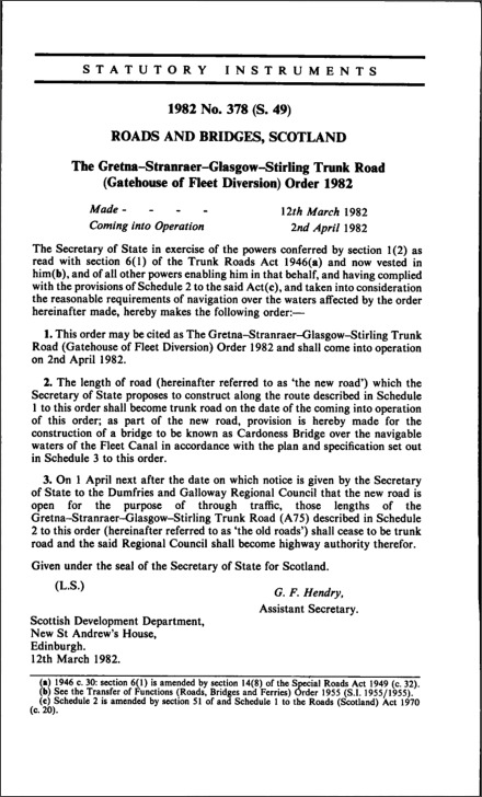 The Gretna—Stranraer-Glasgow-Stirling Trunk Road (Gatehouse of Fleet Diversion) Order 1982