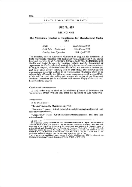 The Medicines (Control of Substances for Manufacture) Order 1982