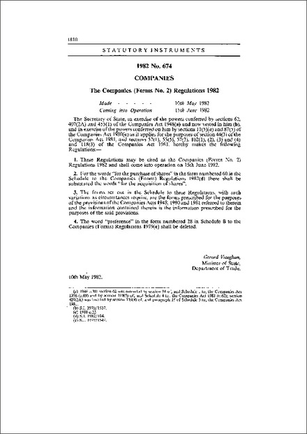 The Companies (Forms No. 2) Regulations 1982