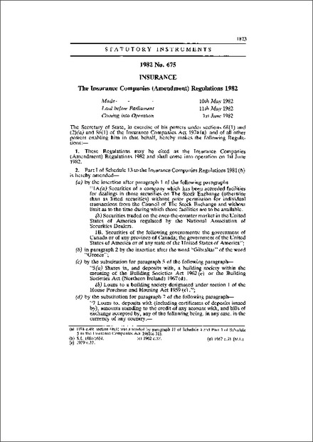 The Insurance Companies (Amendment) Regulations 1982