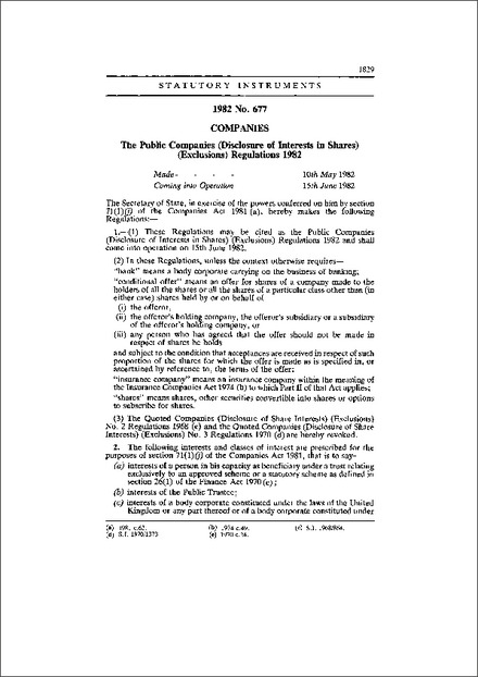 The Public Companies (Disclosure of Interests in Shares) (Exclusions) Regulations 1982